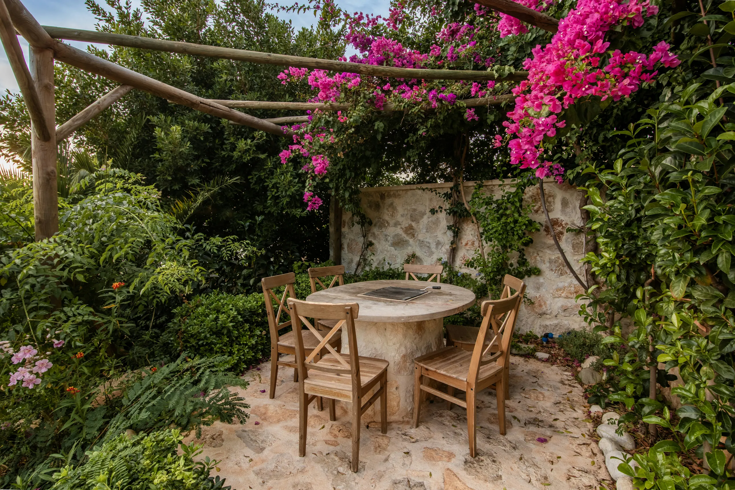 Zaciszne patio z kamiennym stołem pod pergolą obrośniętą kwitnącą bugenwillą